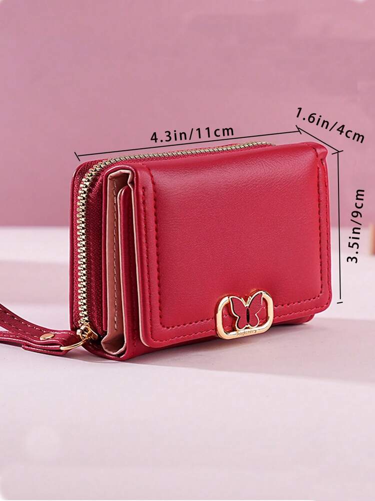 Women's Short Zipper Trifold Wallet with Butterfly Metal Decor