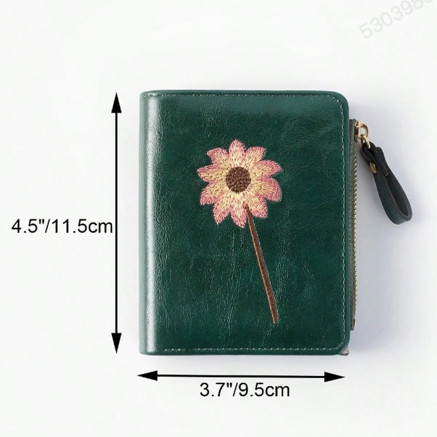 Women’s Short Wallet with Sunflower Embroidery – Retro Fashion Zipper Coin Purse
