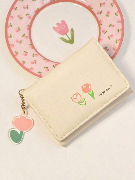 Korean Style Trifold Wallet – Cream PU Leather with Cartoon Floral Print & Heart Charm