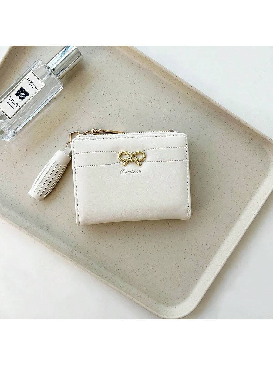 Women’s Pink Tassel Short Wallet – Korean Style Purse with Bow Charm & Card Slots