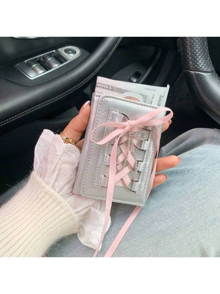 New Sweet Style Lace Bowknot Short Trifold Wallet for Women – High Quality Button-Up Card Holder