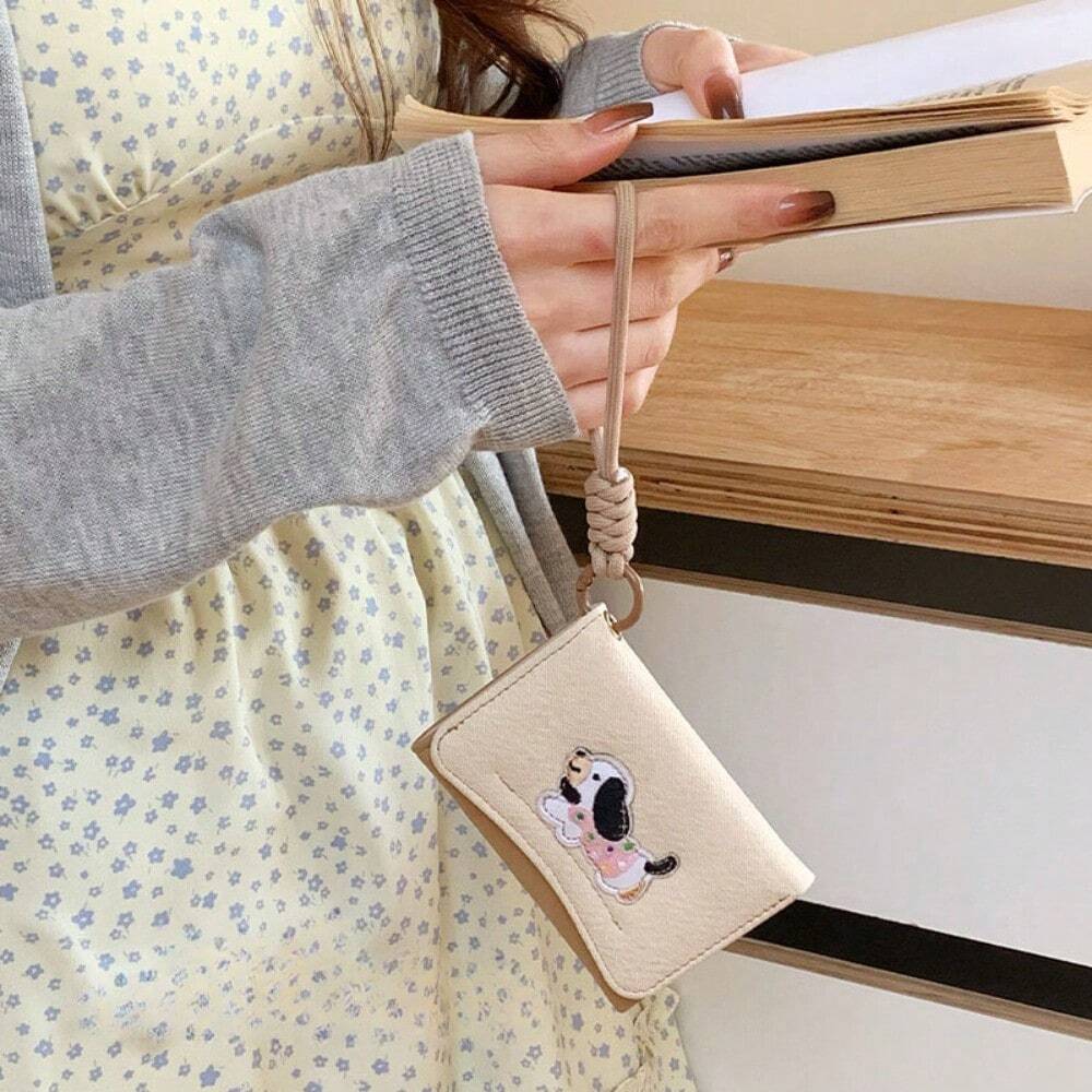 1pc Dog Print Women Flip Cover Button Wallet with Strap – Student Folding Short Handbag with Multiple Card Slots and Coin Purse