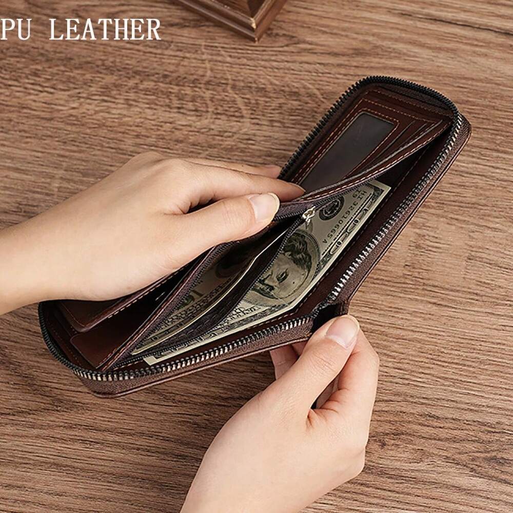 Vintage Multi-Function Bifold PU Leather Wallet – Men's Zippered Card & ID Holder