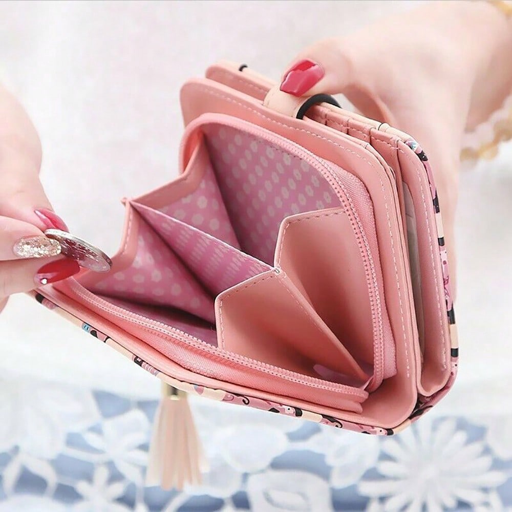 Cute Cartoon Cat Bifold Wallet with Tassel Zipper – Blue