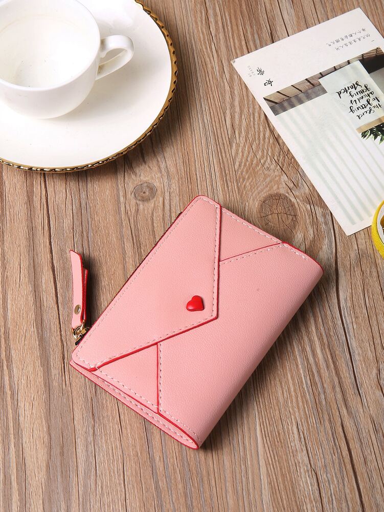 Heart Decor Credit Card Wallet with Small ID Window & Zipper Coin Purse – Portable and Stylish