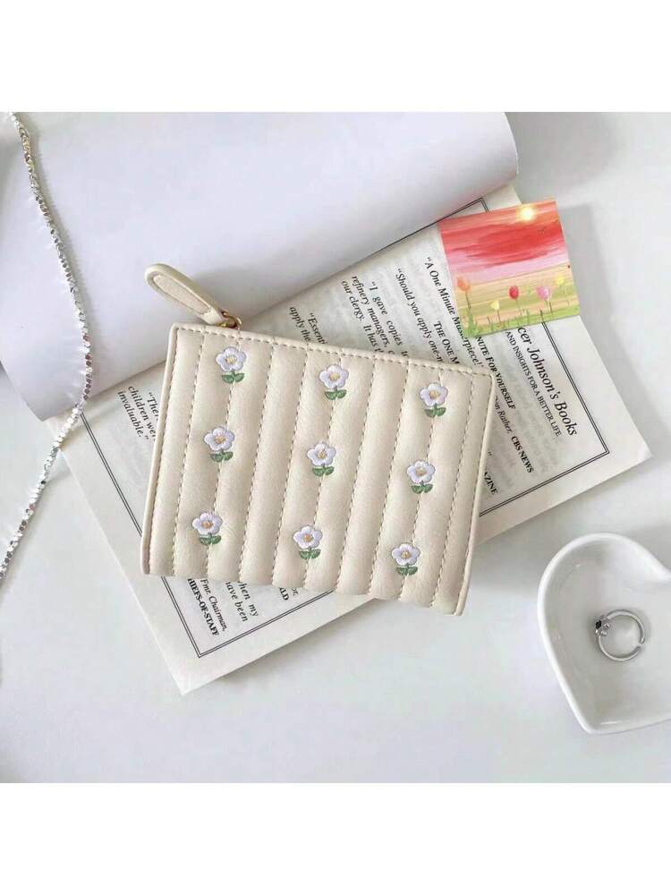 Korean Style Mini Wallet with Embroidered Floral Design - High Capacity Compact Purse - White