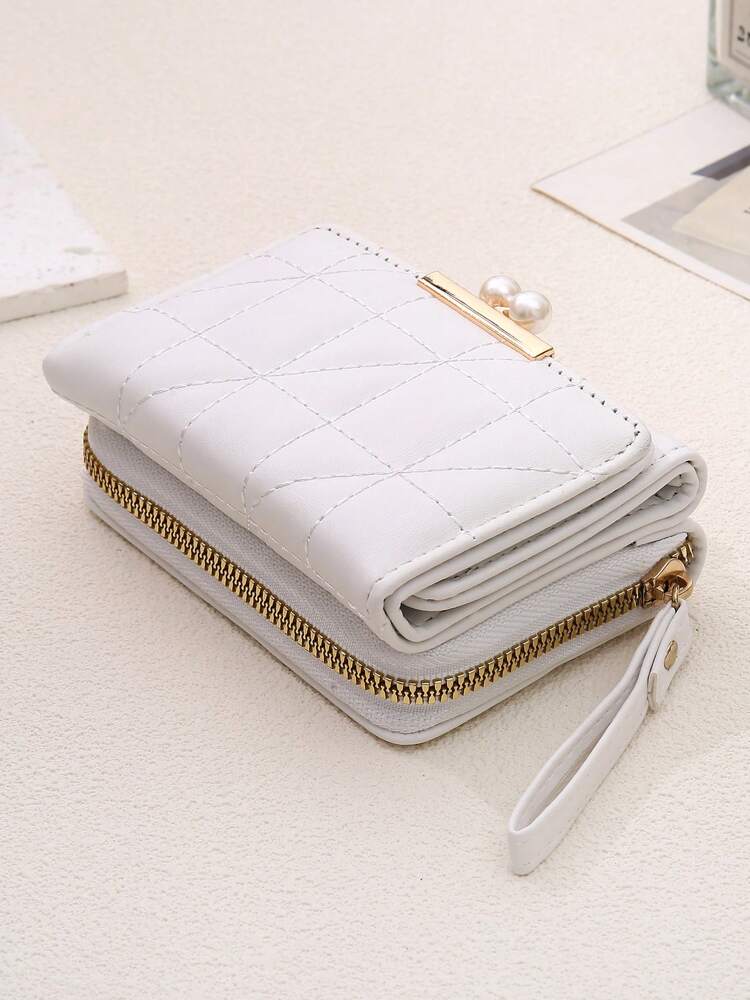 Women’s Quilted Faux Pearl Clip Wallet – 2-in-1 Rhombic Pattern Coin & Card Holder with Wrist Strap