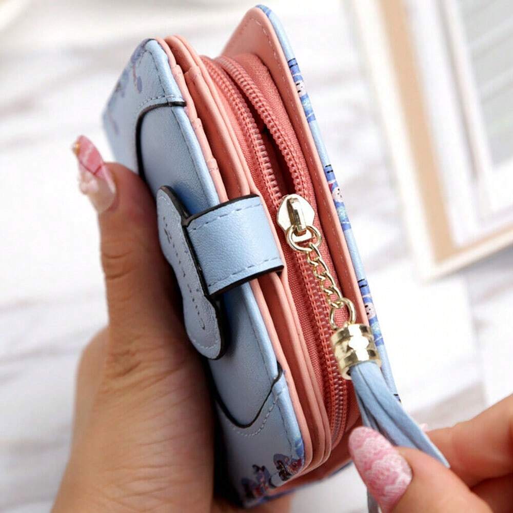 Cute Cartoon Cat Bifold Wallet with Tassel Zipper – Blue
