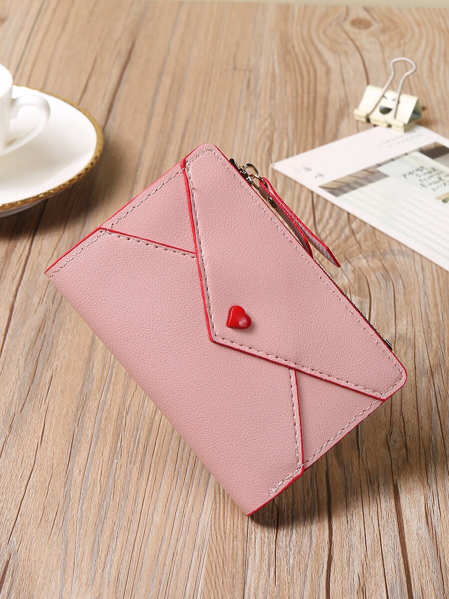 Heart Decor Credit Card Wallet with Small ID Window & Zipper Coin Purse – Portable and Stylish