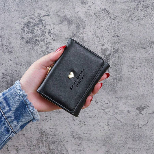 Women's Korean Style Short Wallet – Foldable PU Leather Purse with Heart Metal Detail & Kiss-Lock Coin Pocket