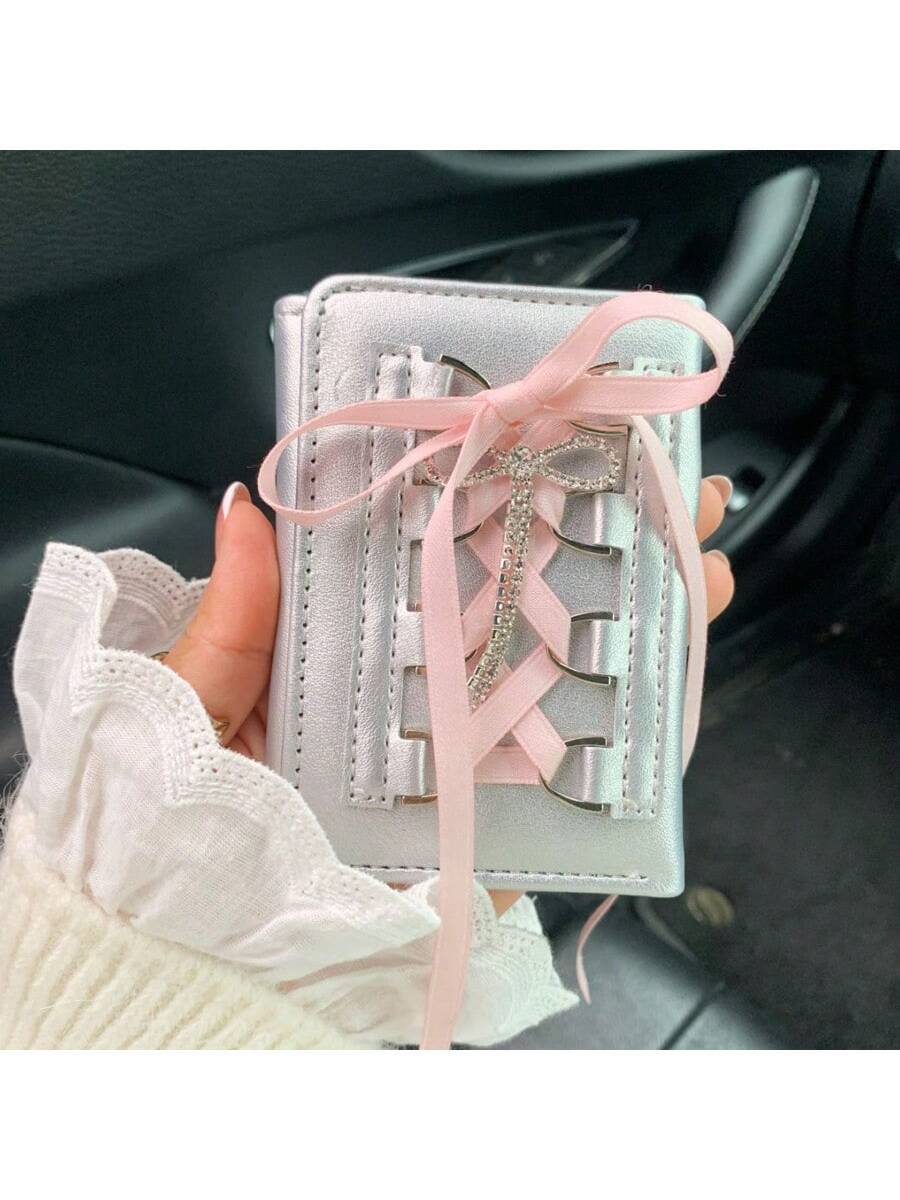 New Sweet Style Lace Bowknot Short Trifold Wallet for Women – High Quality Button-Up Card Holder
