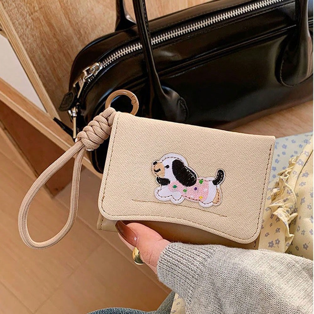 1pc Dog Print Women Flip Cover Button Wallet with Strap – Student Folding Short Handbag with Multiple Card Slots and Coin Purse