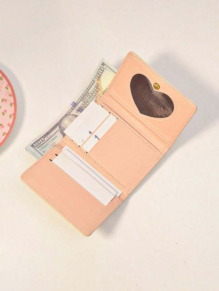 Korean Style Trifold Wallet – Cream PU Leather with Cartoon Floral Print & Heart Charm