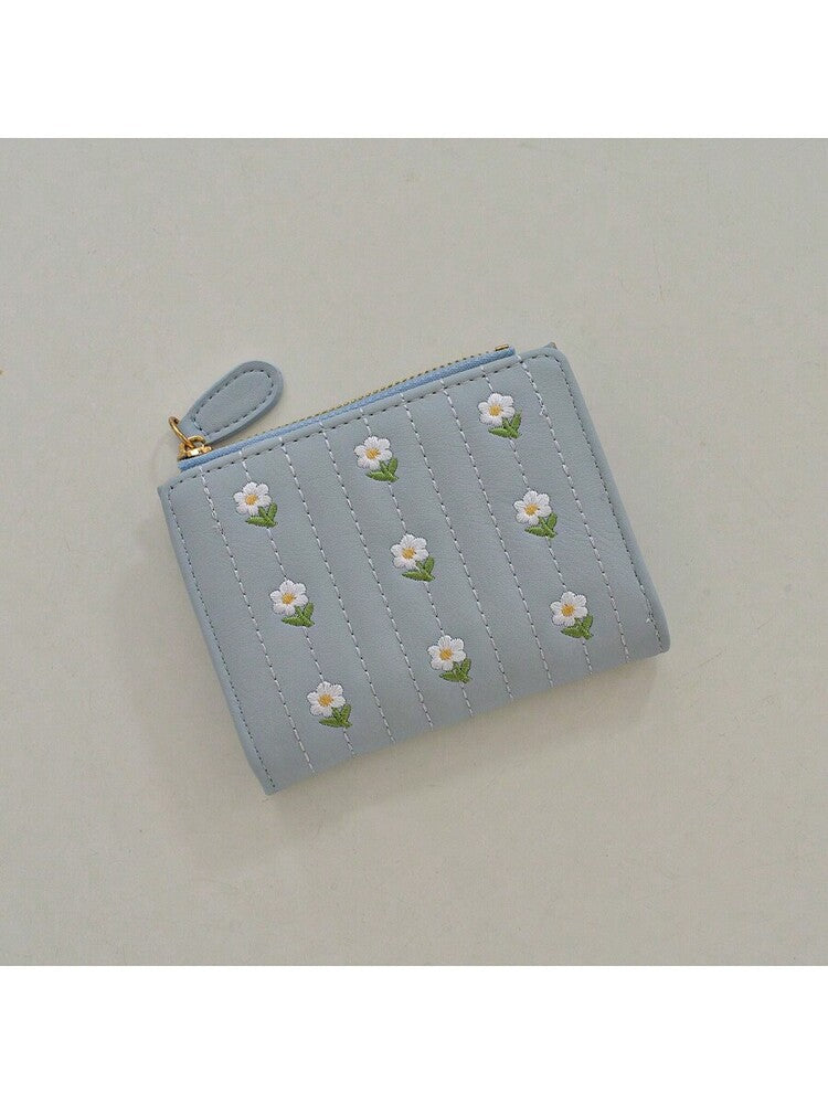 Korean Style Mini Wallet with Embroidered Floral Design - High Capacity Compact Purse - White