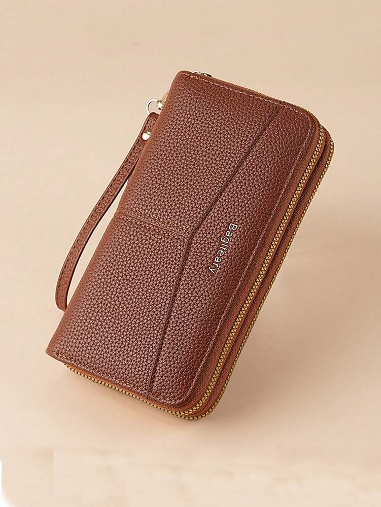 Women's Long Zipper Wallet with Wrist Strap – Multi-Card Phone Holder & Coin Purse (Brown)