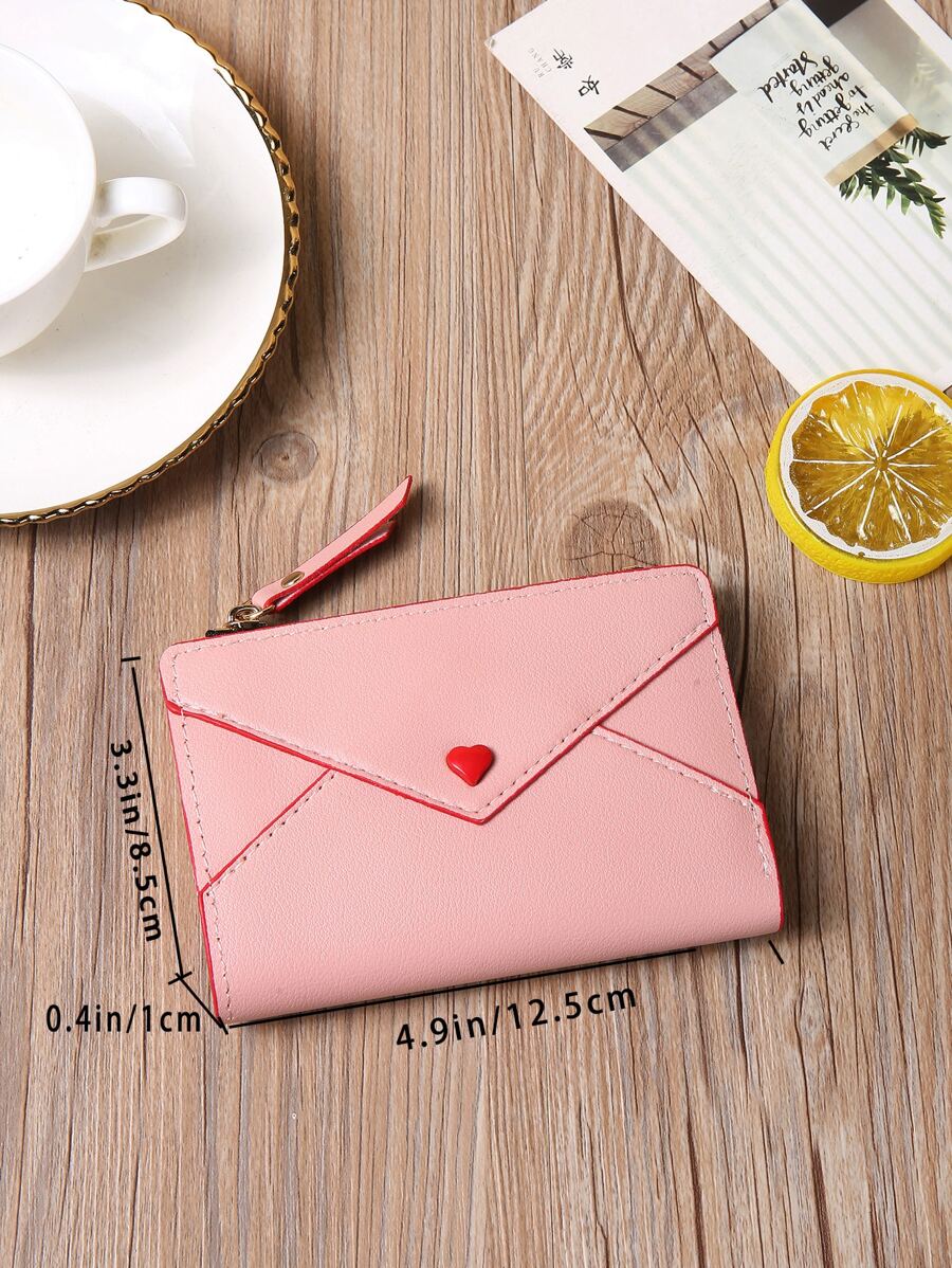 Heart Decor Credit Card Wallet with Small ID Window & Zipper Coin Purse – Portable and Stylish