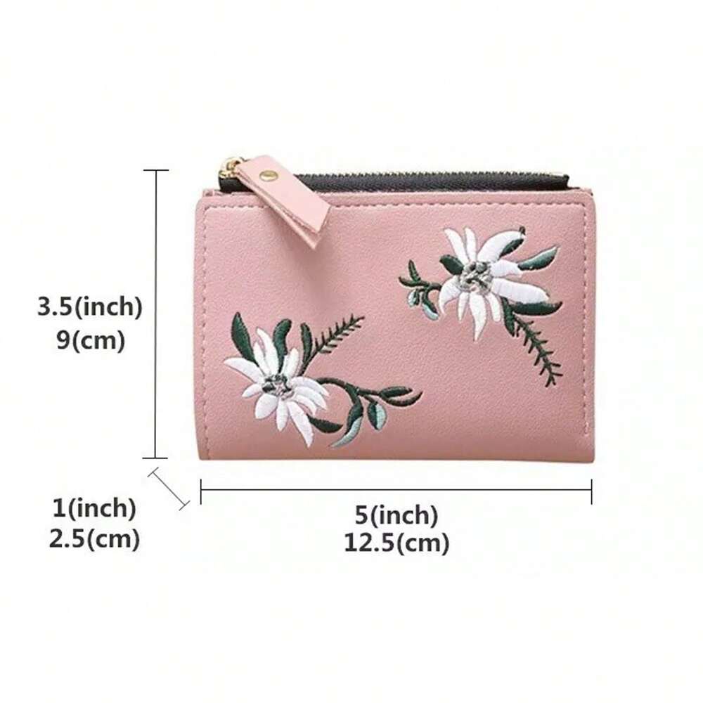 Small Black Bifold Wallet with White Flower Embroidery and Zipper Closure