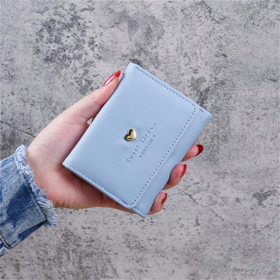 Women's Korean Style Short Wallet – Foldable PU Leather Purse with Heart Metal Detail & Kiss-Lock Coin Pocket