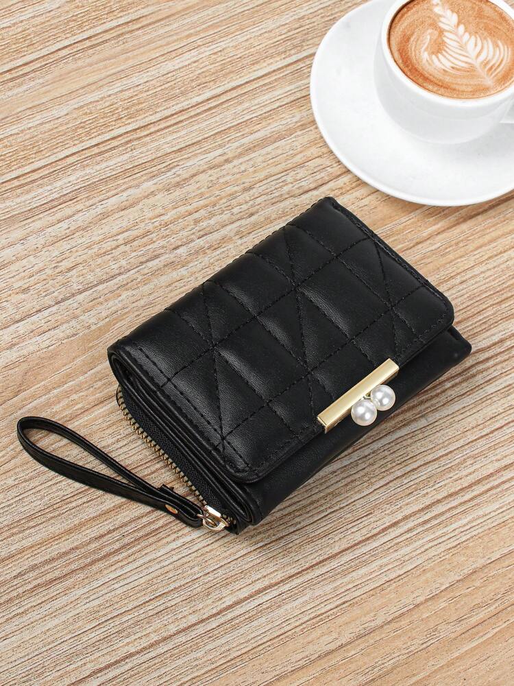 Women’s Quilted Faux Pearl Clip Wallet – 2-in-1 Rhombic Pattern Coin & Card Holder with Wrist Strap