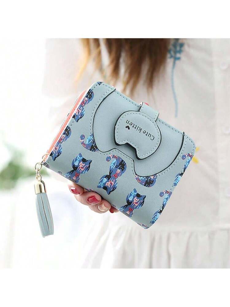 Cute Cartoon Cat Bifold Wallet with Tassel Zipper – Blue