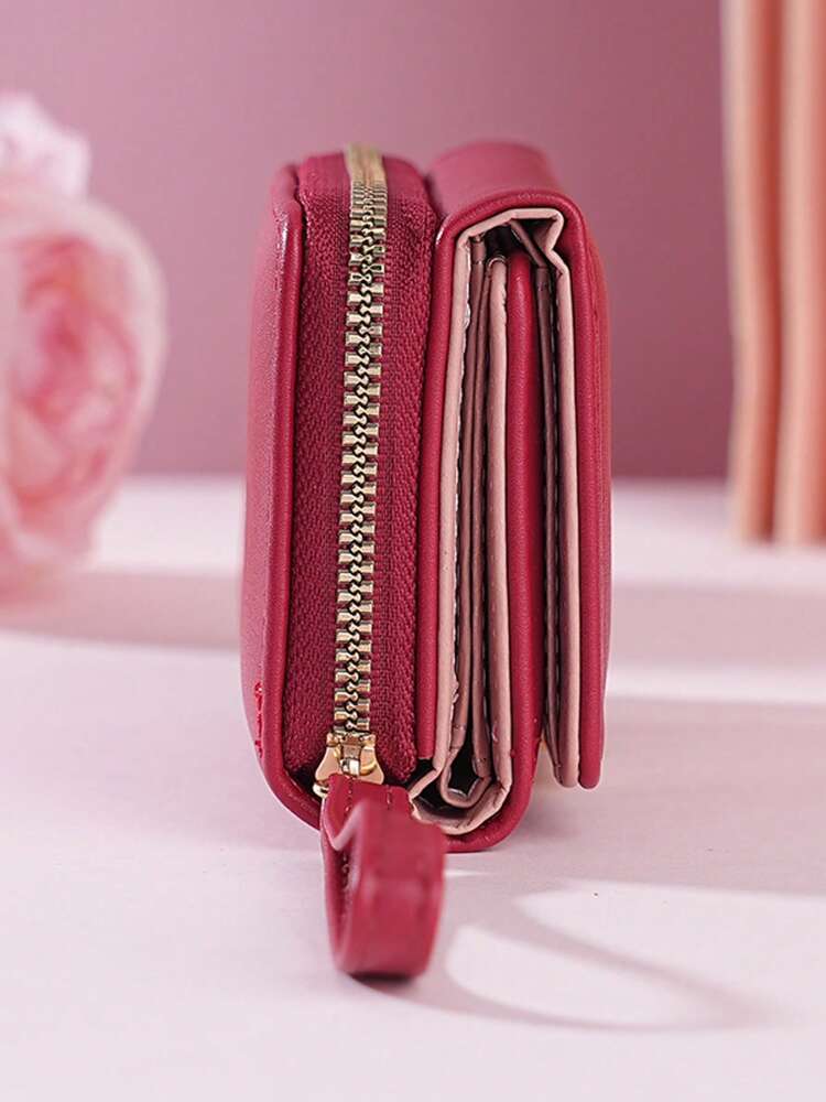 Women's Short Zipper Trifold Wallet with Butterfly Metal Decor