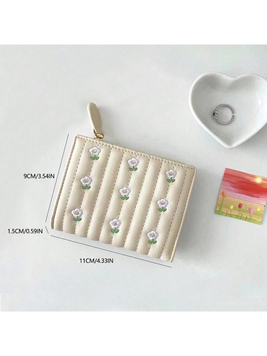 Korean Style Mini Wallet with Embroidered Floral Design - High Capacity Compact Purse - White