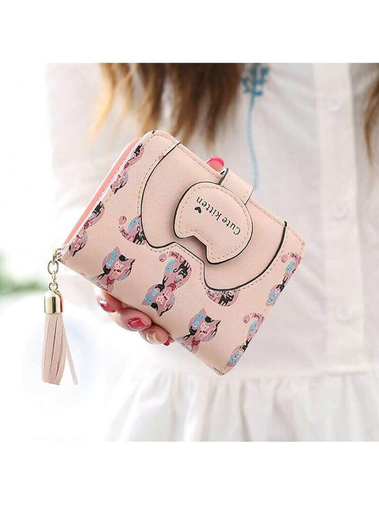 Cute Cartoon Cat Bifold Wallet with Tassel Zipper – Blue