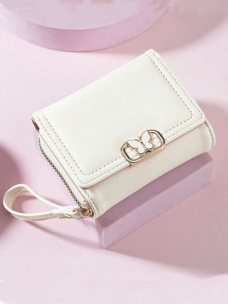 Women's Short Zipper Trifold Wallet with Butterfly Metal Decor