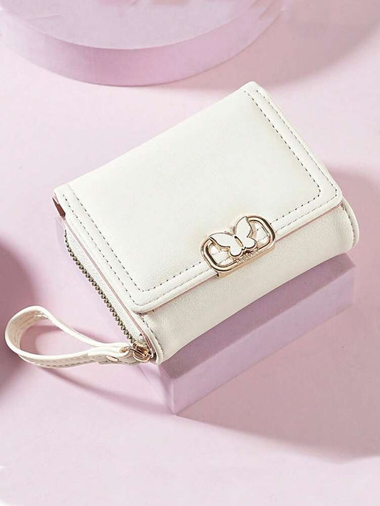 Women's Short Zipper Trifold Wallet with Butterfly Metal Decor