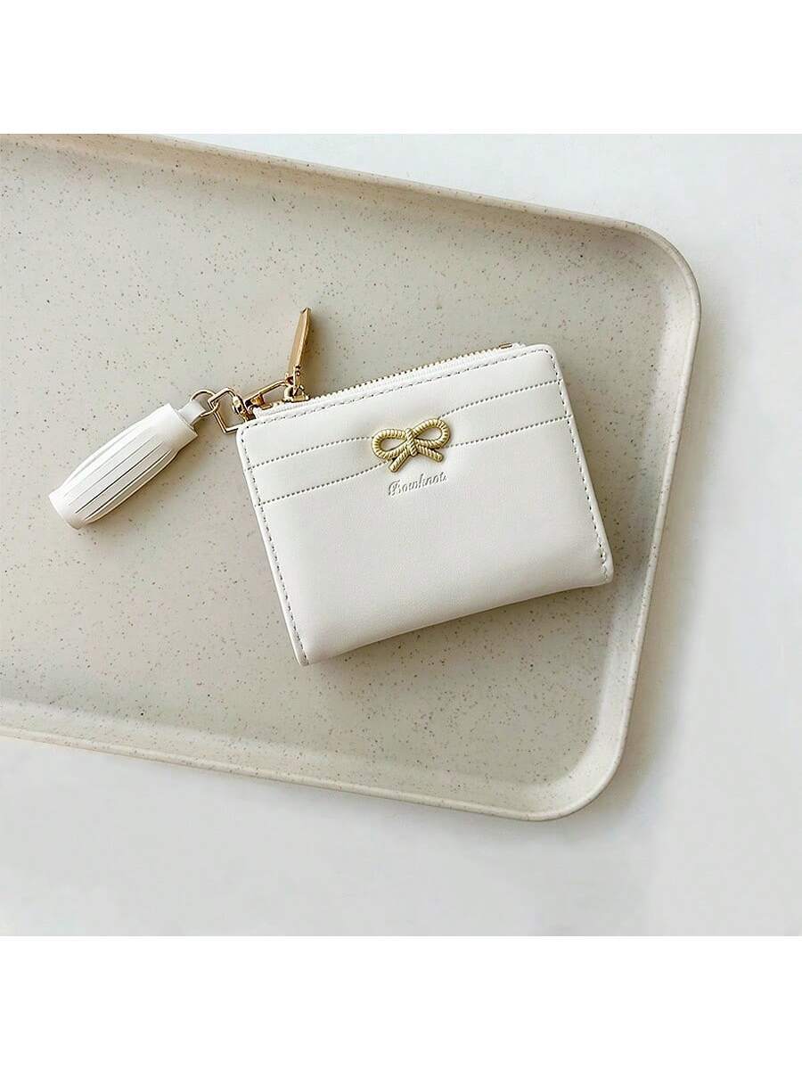 Women’s Pink Tassel Short Wallet – Korean Style Purse with Bow Charm & Card Slots