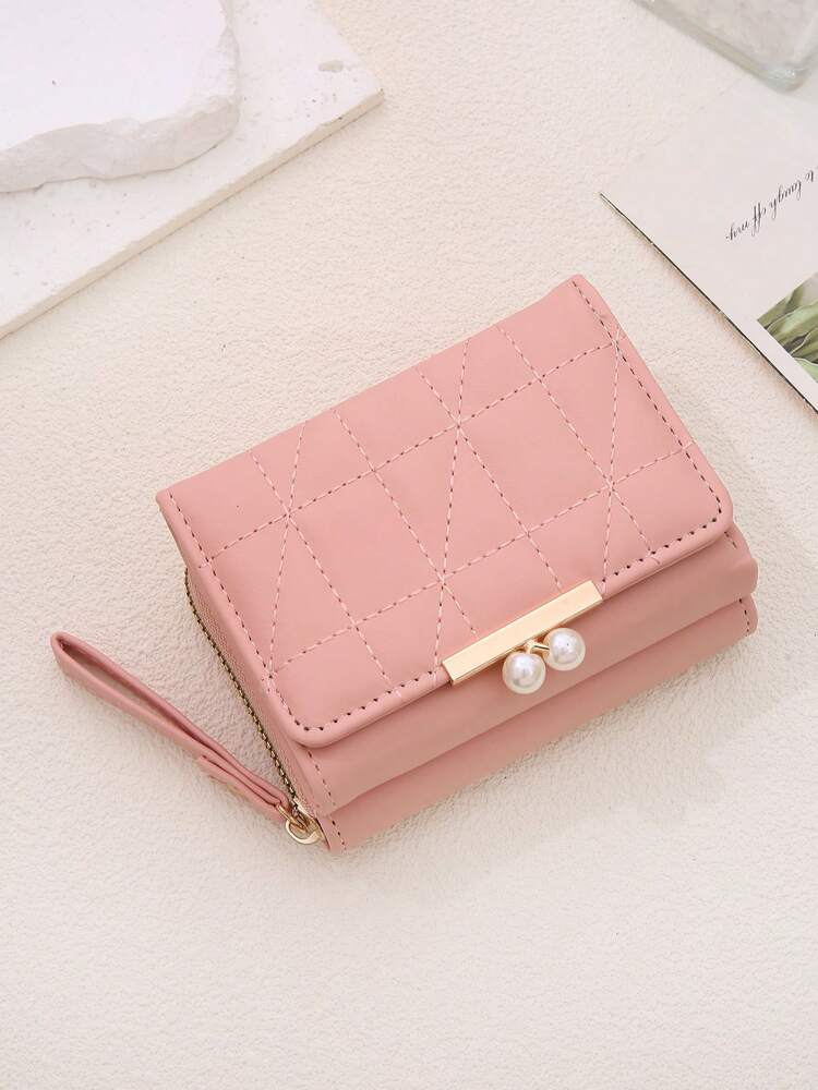 Women’s Quilted Faux Pearl Clip Wallet – 2-in-1 Rhombic Pattern Coin & Card Holder with Wrist Strap