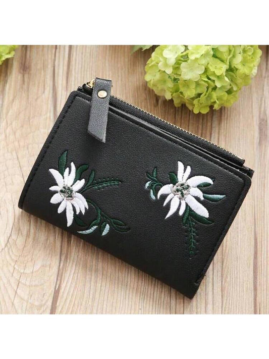Small Black Bifold Wallet with White Flower Embroidery and Zipper Closure