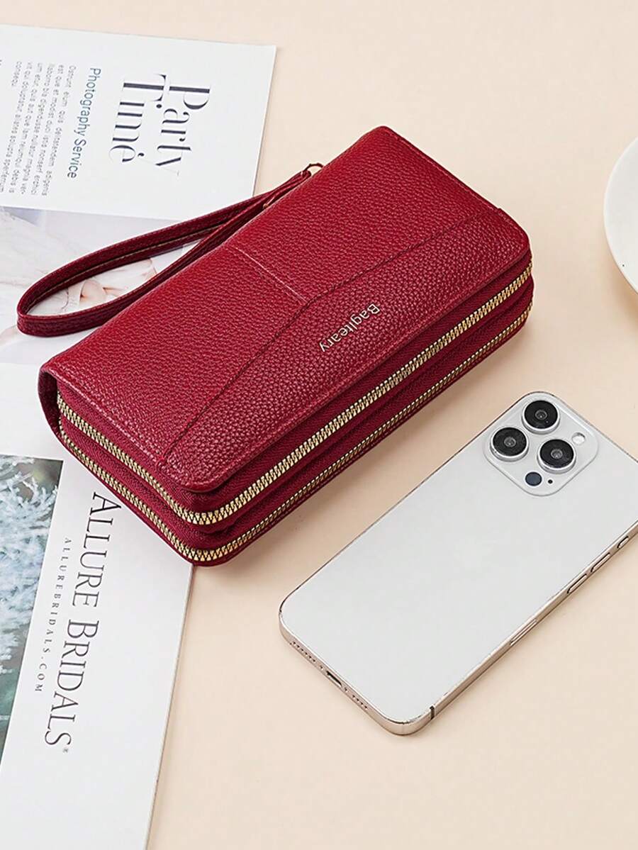 Women's Long Zipper Wallet with Wrist Strap – Multi-Card Phone Holder & Coin Purse (Brown)