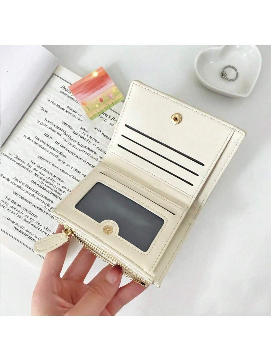 Korean Style Mini Wallet with Embroidered Floral Design - High Capacity Compact Purse - White