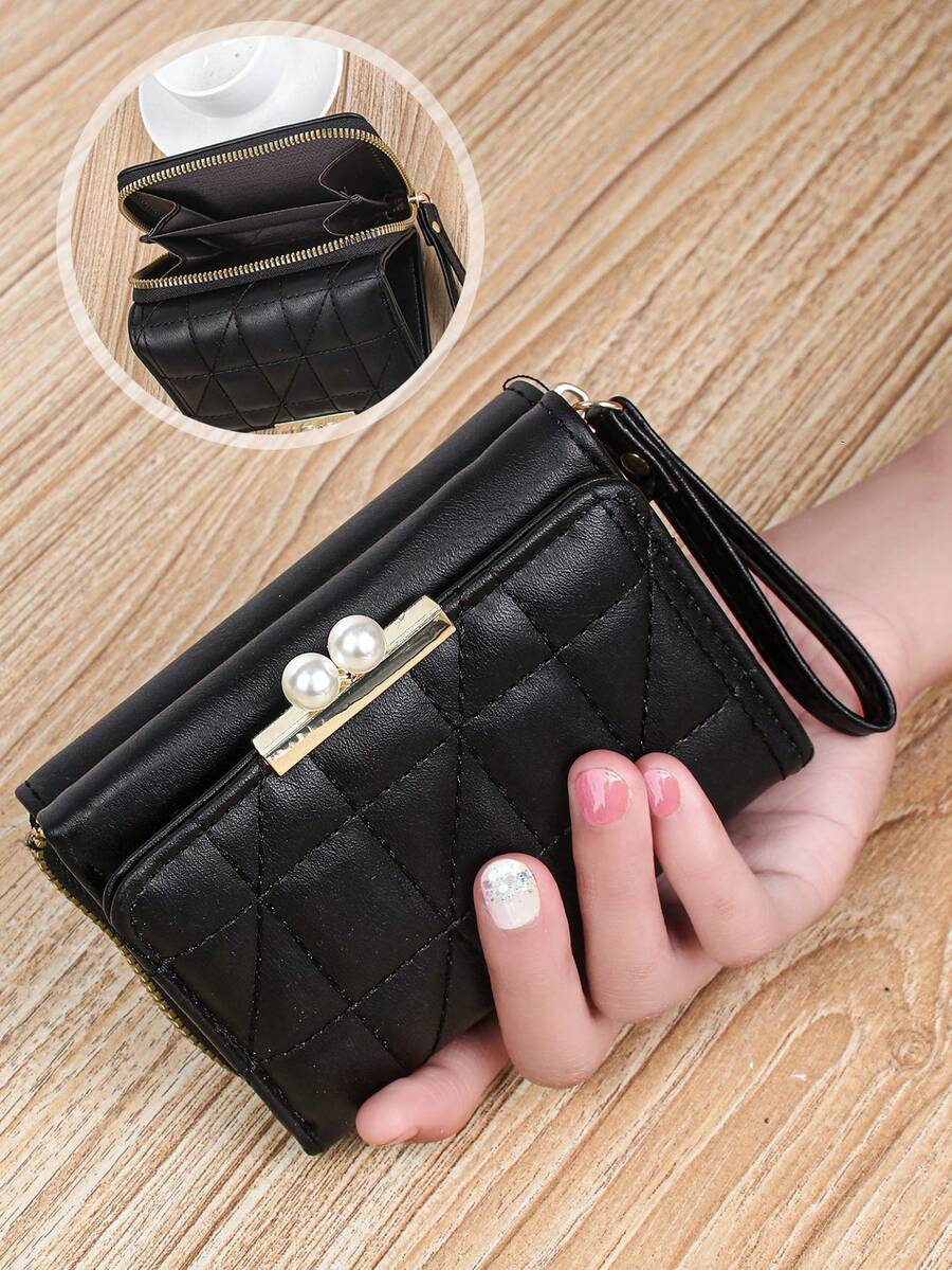 Women’s Quilted Faux Pearl Clip Wallet – 2-in-1 Rhombic Pattern Coin & Card Holder with Wrist Strap