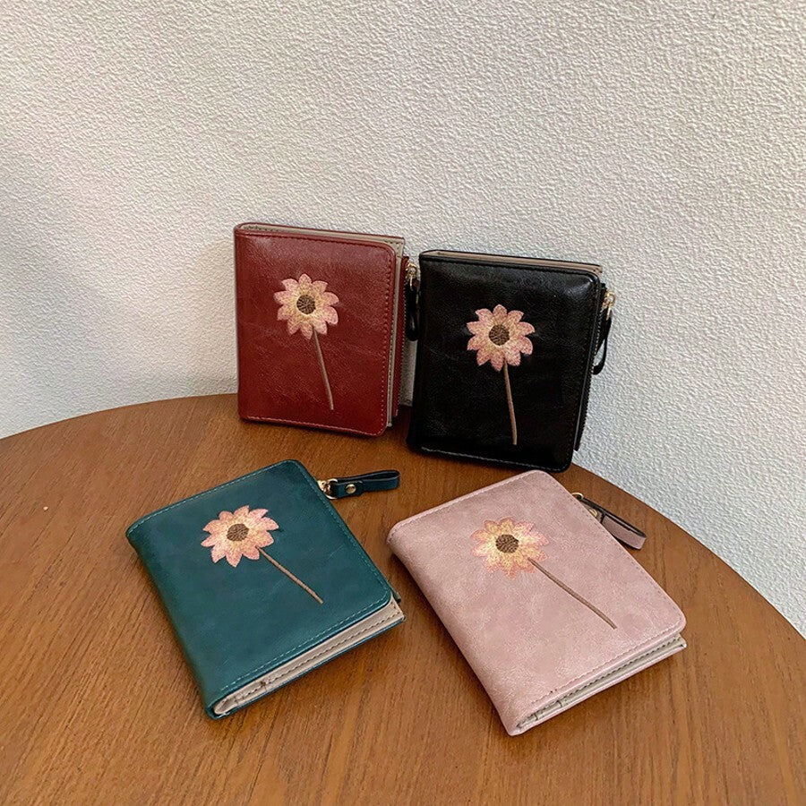 Women’s Short Wallet with Sunflower Embroidery – Retro Fashion Zipper Coin Purse