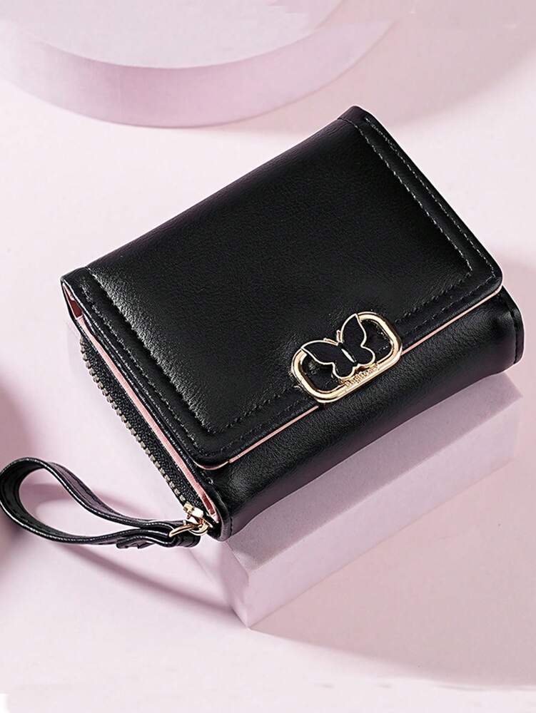 Women's Short Zipper Trifold Wallet with Butterfly Metal Decor