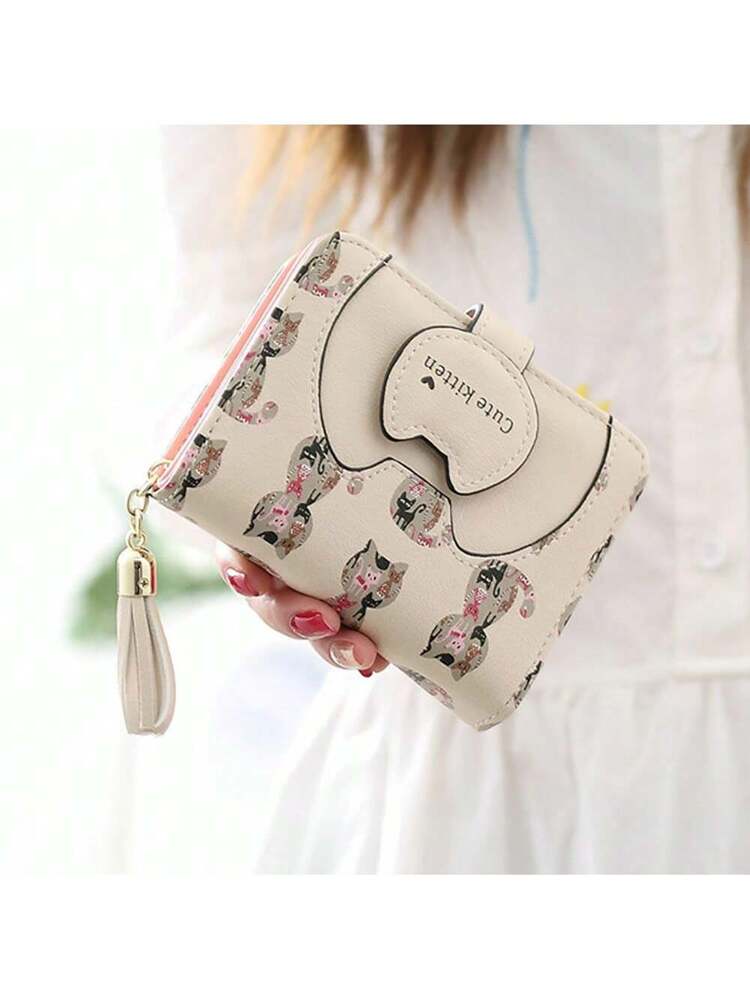 Cute Cartoon Cat Bifold Wallet with Tassel Zipper – Blue
