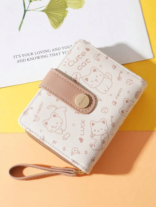 Cute Cat Short Zipper Wallet for Women with Card Holder