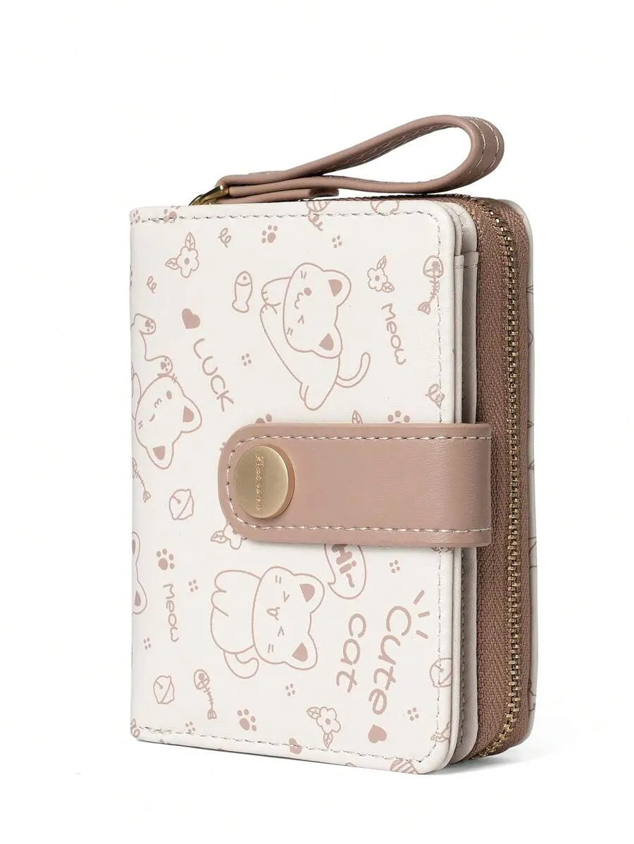 Cute Cat Short Zipper Wallet for Women with Card Holder
