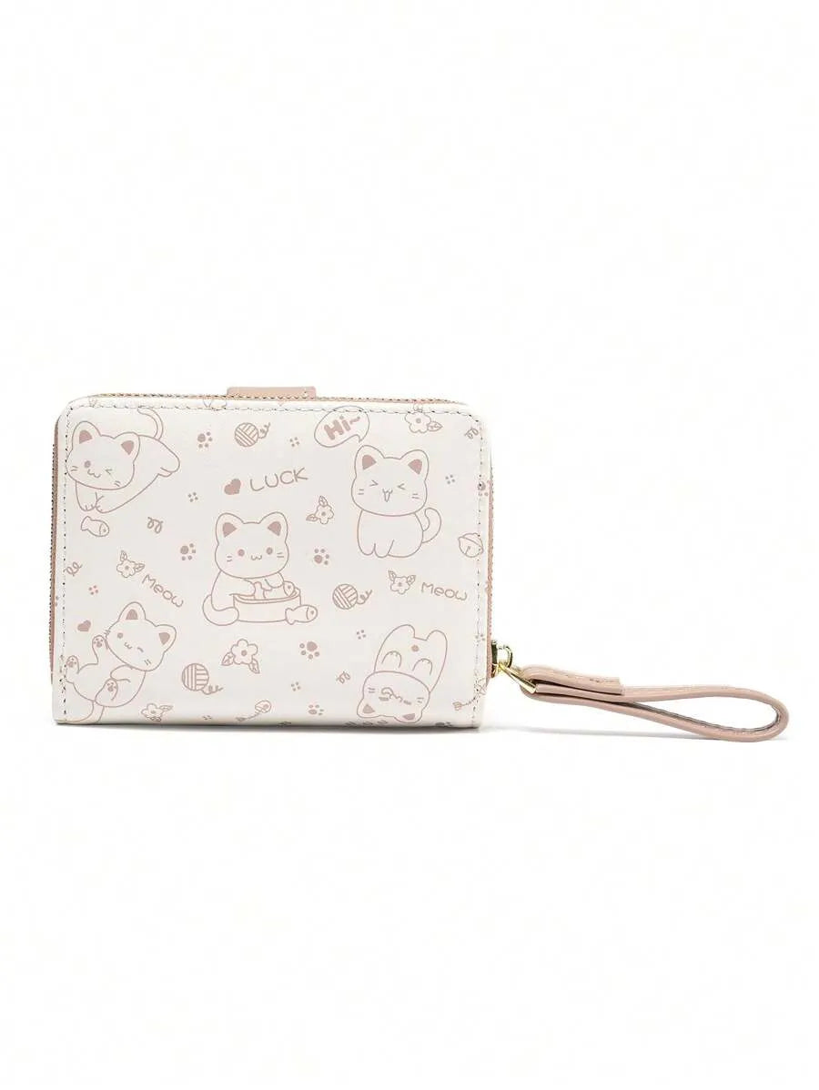 Cute Cat Short Zipper Wallet for Women with Card Holder