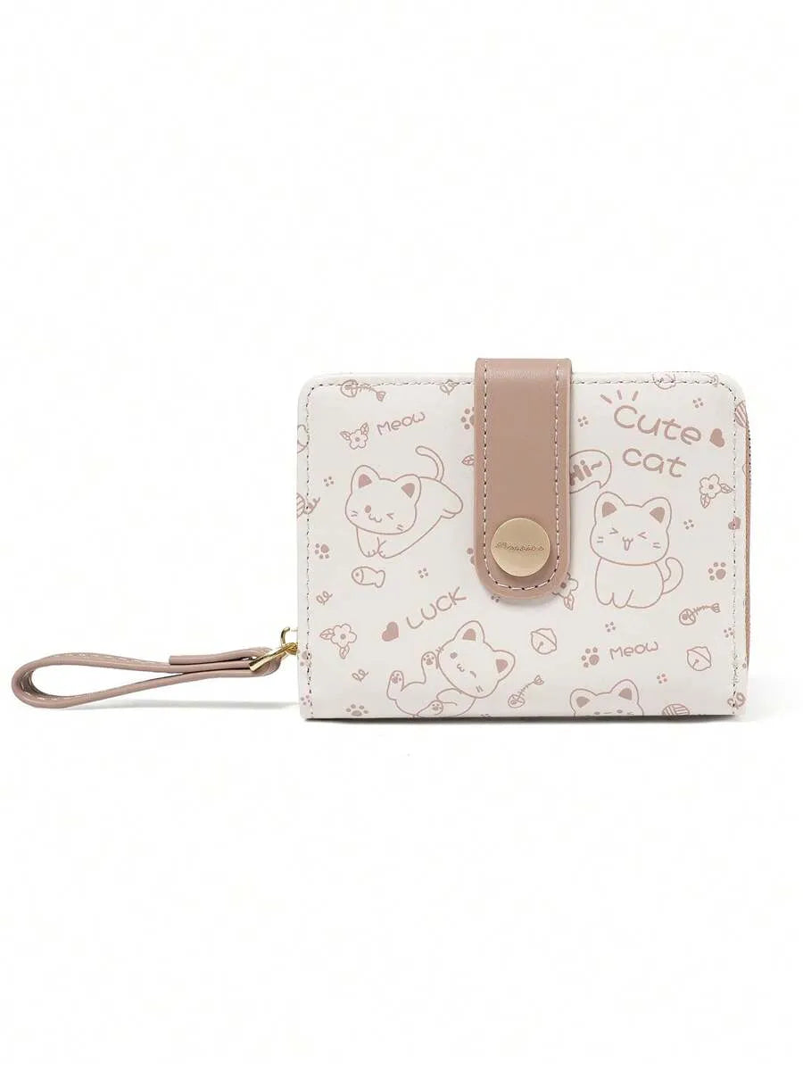 Cute Cat Short Zipper Wallet for Women with Card Holder