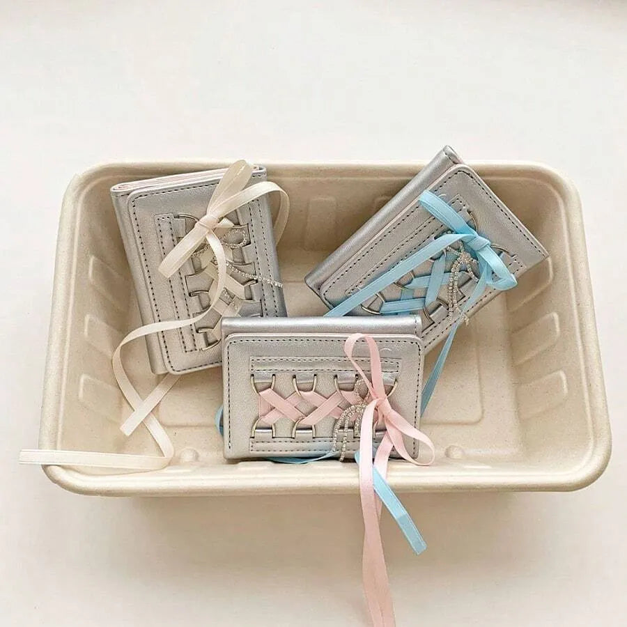 New Sweet Style Lace Bowknot Short Trifold Wallet for Women – High Quality Button-Up Card Holder